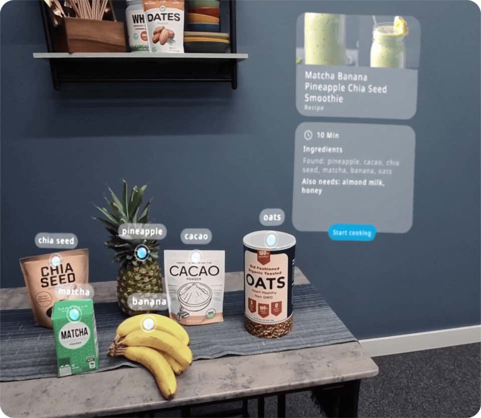 AR scene, showing actual food ingredients with AR text overlays on them
