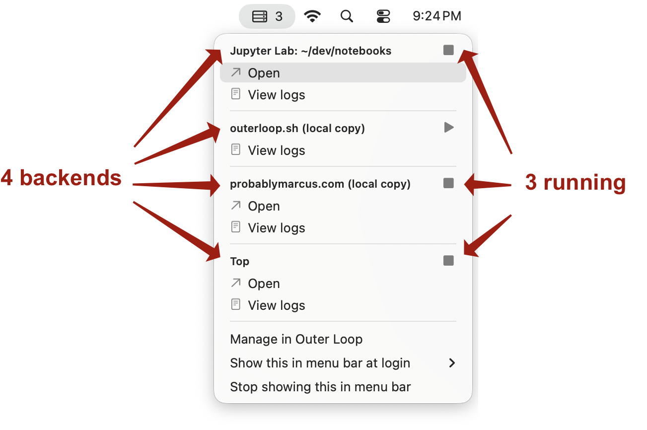 Menu bar listing backends, as described below